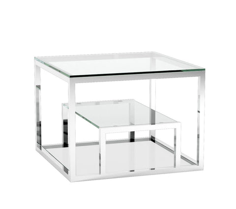 Barolo End Table - glass with polished stainless steel frame 23.6 x 23.6 x 21.7 inches