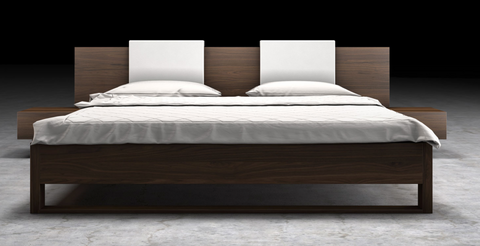 Monroe Bed in walnut with white Ecoleather headboard cushion